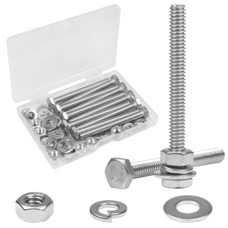 Yinpecly 10 Sets 1/4-20 x 2-1/2" Hex Head Screw Bolt, Nuts, Flat & Lock Washers, Stainless Steel 304, Machine Fully Thread Hex Bolts, Bright Finish Hexagon Bolt, Nuts and Bolts Assortment Kit - Image 1